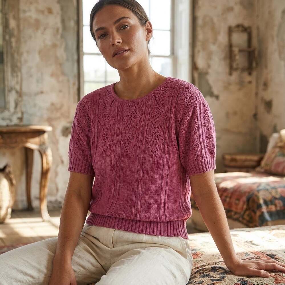 Vintage Anthony Richards pink open knit pointelle short sleeve sweater medium